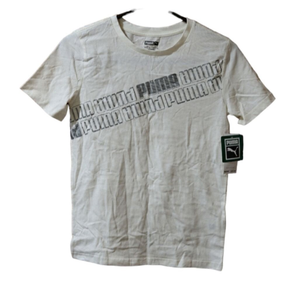 Puma NWT White Graphic Logo T-Shirt Boys Medium 10–12 Sporty Casual